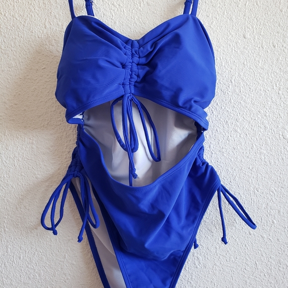 NWOT Women Onepice Blue Drawstrings Sides Swimsuit - Picture 3 of 11